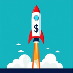 A cartoon rocket with a dollar sign launches into the sky, symbolizing financial growth or business success.