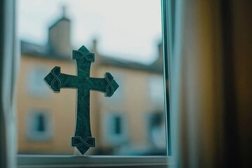 A decorative iron cross is mounted on a window, with blurred buildings visible outside in soft daylight.