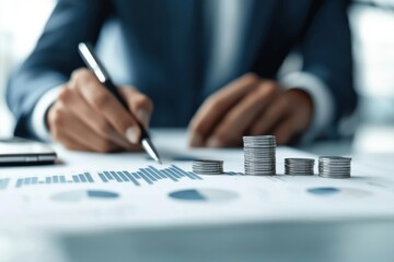 A person in business attire writes on a document with financial charts and stacked coins symbolizing growth and investment.