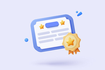 3d certificate or diploma icon with medal and ribbon bow. White clipboard task management todo check list in preschool, prize on project plan concept. 3d graduation icon vector render illustration