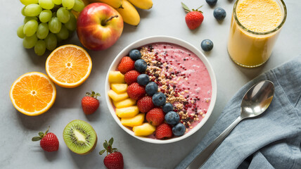 A vibrant fruit bowl with smoothie, orange juice, and a variety of fresh fruits arranged neatly