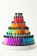 Transparent cosmetic bottles in vibrant rainbow colors arranged in a tiered circular display on a glossy rotating stand