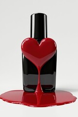 Black nail polish bottle with red lacquer forming a glossy heart shape and spilling onto a white surface