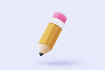 3d pencil with eraser icon signs for write paperwork at homework. Colours draw and painting for education, back to school and study, university or college. 3d pencil icon vector render illustration