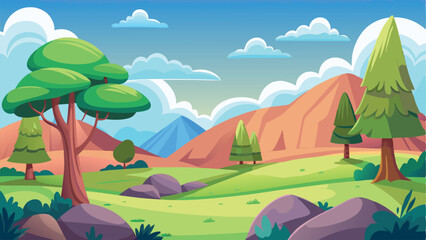 Naklejka premium Cartoon Landscape with Mountains, Trees, Rocks, and Sky Illustration for Children
