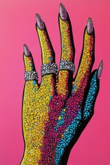 Pop art style hand with vibrant dotted texture, sparkling rhinestone rings, and glittery nails on a bright pink background