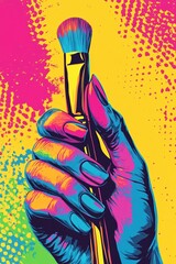 Pop art style illustration of a vibrant multicolored hand with manicured nails holding a makeup brush against a bold background