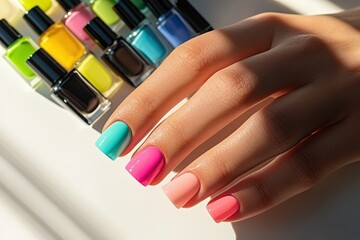 Close-up of a hand with colorful freshly painted nails in vibrant polish shades next to an array of nail polish bottles