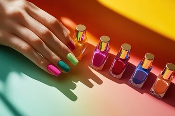 Hand with freshly painted multicolored nails resting beside vibrant nail polish bottles on a colorful gradient background