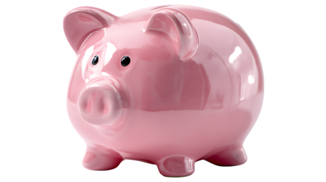 Glossy pink piggy bank a classic symbol of savings finances and financial planning isolated against a stark isolated on white transparent background to maximize visual contrast.