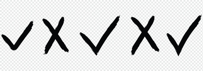 Brush, marker drawn check mark and cross icon set Collection of hand drawn drawn tick symbol, chalk checkmark illustration. eps 10