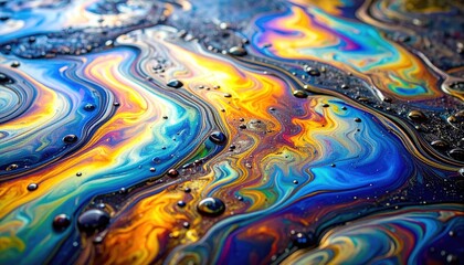 Naklejka premium Vibrant Rainbow Oil Slick Abstract Background Texture Image featuring swirling colors and iridescent bubbles