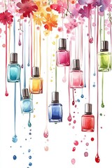 Watercolor illustration of floating nail polish bottles with colorful drips and floral splashes on a white background