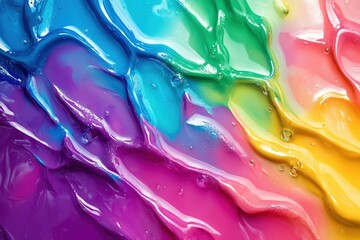 Glossy nail polish in vibrant rainbow colors swirled in a smooth flowing texture with bubbles and high shine
