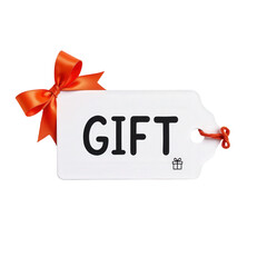 Red Bow Gift Tag with Stylish Typography and Box Design on White Background for Holiday and Celebration Themes