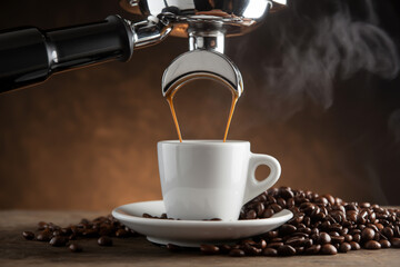 Espresso machine pouring coffee into a white cup surrounded by roasted coffee beans on a saucer