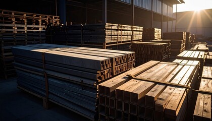 Sunlight illuminates stacks of lumber and steel beams in an outdoor warehouse Construction material storage