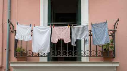 Clothes hanging on a clothesline on a balcony with a pink wall and dark green door in the background