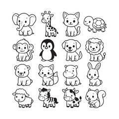 Fototapeta premium Adorable black and white cartoon animal illustrations for kids education and design projects