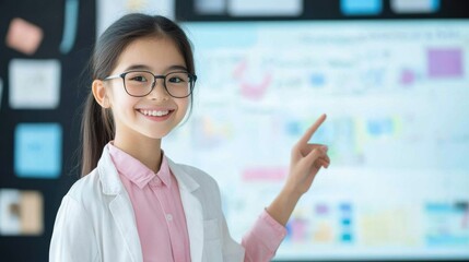 A smiling young girl wearing glasses and a lab coat points to a screen with scientific diagrams in a classroom setting.