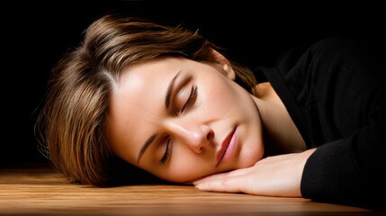 Obraz premium Peaceful young woman with closed eyes resting her head on a wooden surface