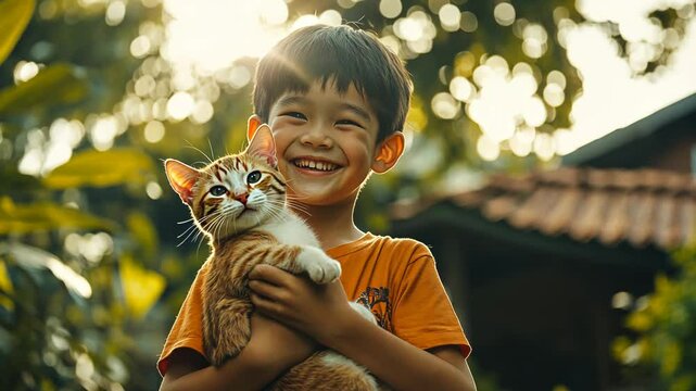 A little boy holding a cat in his arms