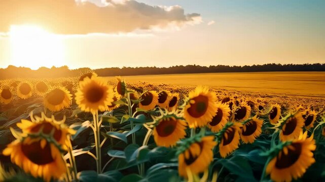 Golden sunflowers bloom in a field bathed in warm, bright sunlight under a sky filled with wispy clouds during the summer season. - Powered by Adobe