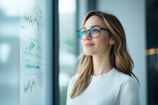 A confident woman with glasses looks at financial charts on a transparent screen in a modern office setting.