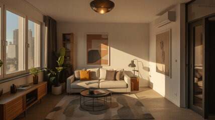 A modern living room bathed in sunlight with a couch, coffee table, and large windows inside