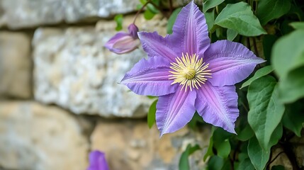 Close up of a Purple Clematis Blossom Against a Stone Wall Backdrop