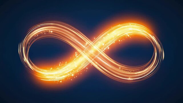 Golden light trails forming infinity symbol on dark blue background