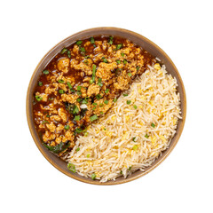 Egg fried rice with minced chicken gravy on the side on a Transparent PNG background