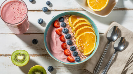 A smoothie bowl with orange slices, blueberries and strawberries next to a smoothie and kiwi halves