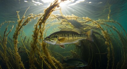 Fototapeta premium Underwater scene shows two fish swimming near reeds, highlighted by sun rays piercing the water.
