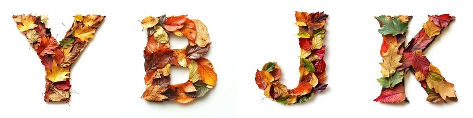 Colorful autumn leaves arranged to form letters Y, B, J, and K creatively showcase the beauty of nature