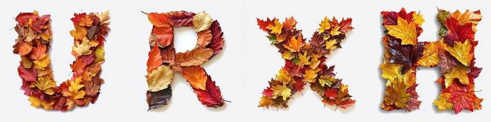 The letters U, R, X and H creatively formed with colorful fall leaves