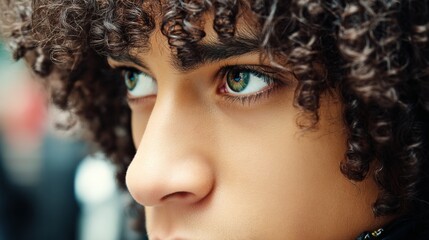 Fototapeta premium Close-up of a woman's face highlighting her expressive eyes and curly hair