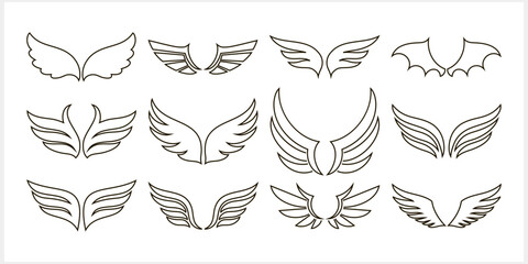 Doodle wings icon. Angel symbol. Tatoo outline wing. Vector illustration