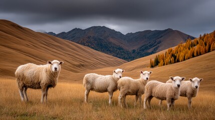 Fototapeta premium Group of sheep standing on a grassy hillside with mountains in the background under cloudy skies