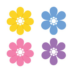 Four simple pastel flowers in yellow blue pink and purple