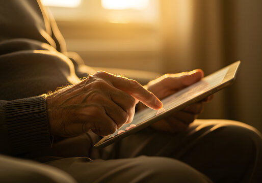 Elderly man using tablet while sitting in chair during golden hour  