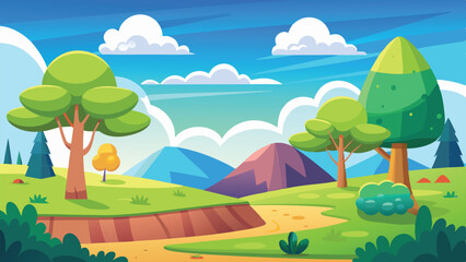 Cartoon Landscape with Green Trees, Mountains, Blue Sky, and Winding Path Illustration