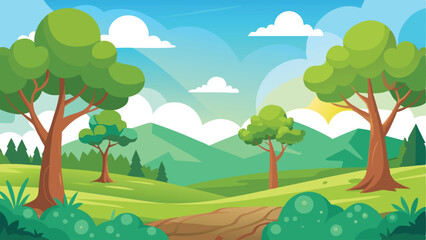 Obraz premium Cartoon Landscape with Rolling Green Hills, Blue Sky, Trees, Shrubs, and Clouds
