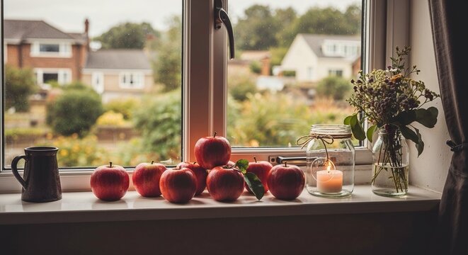 Fresh red apples arranged on a village window sill with a candle  