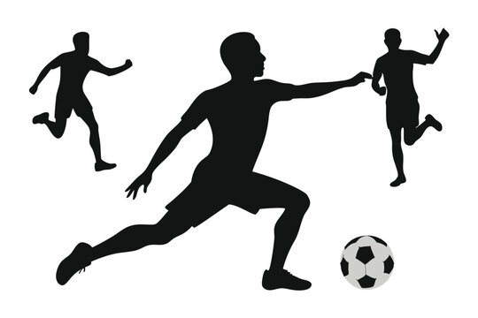 Silhouette soccer players in action with football dynamic poses and white background