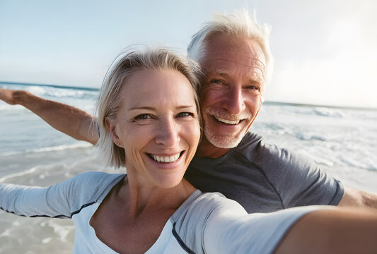 Active senior couple takes a joyful selfie on a sunny beach day.