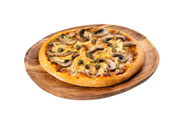Authentic mushroom pizza baked in a wood fire oven on a Transparent PNG Background