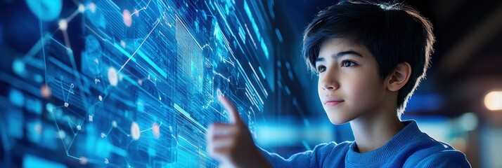 A young boy interacts with a futuristic digital interface, immersed in technology and data visualization.