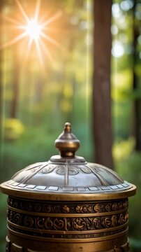 Close-up of a golden prayer wheel outdoors with intricate designs and sun flare shining through trees creating a serene atmosphere