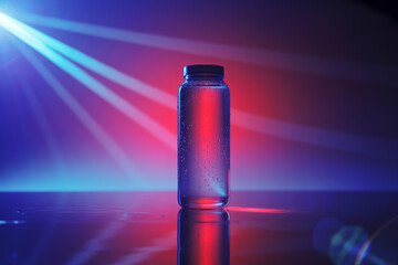 A clear bottle filled with liquid sits on a reflective surface with red and blue light shining on it